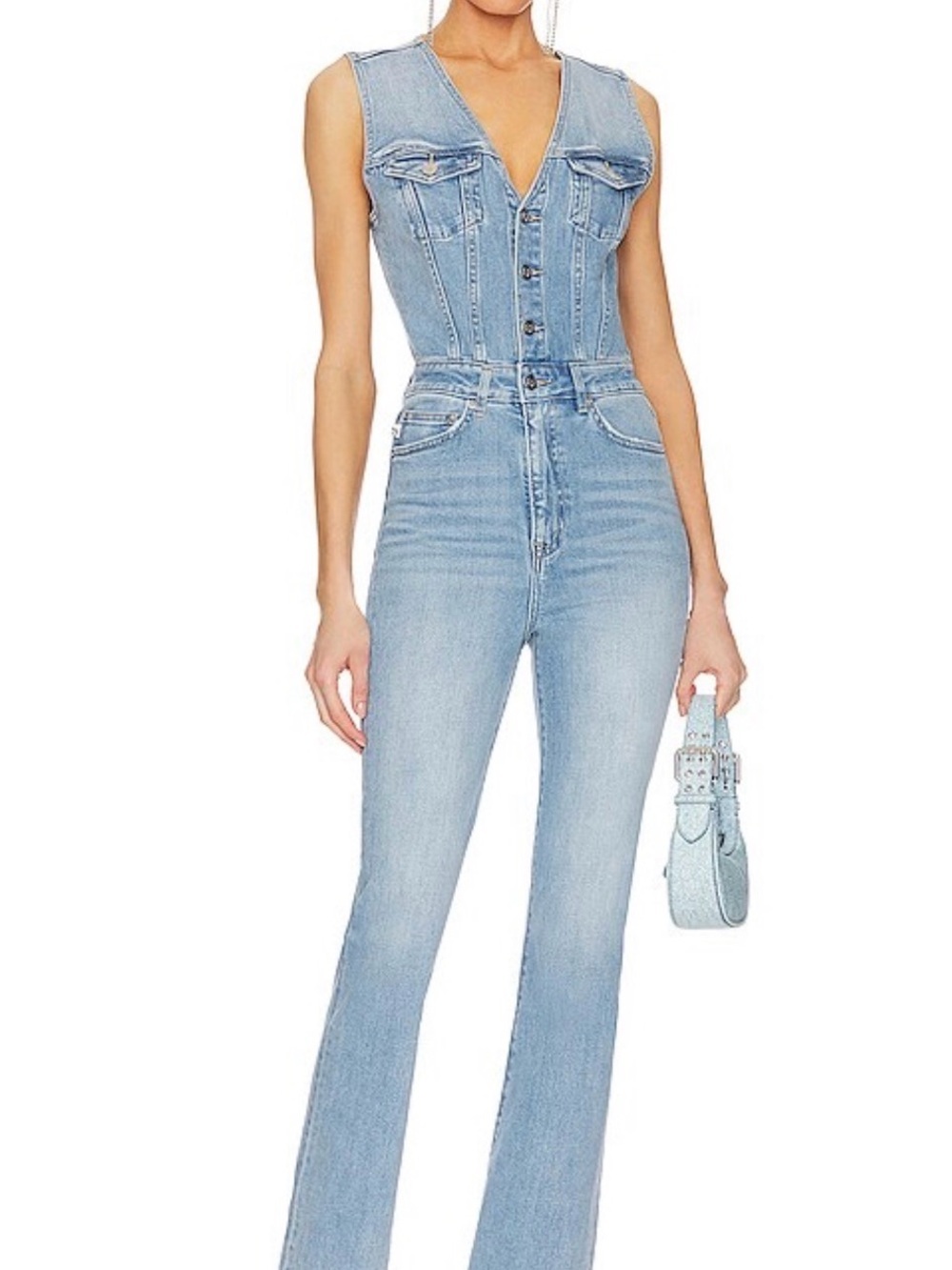 Lovers + Friends Revolve Denim Sleeveless Fit and Flare Jumpsuit Women’s Small - Picture 2 of 8